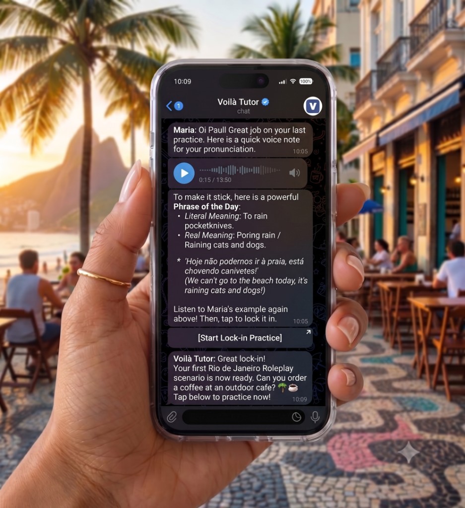 A phone held up on a beach, showing the Voilà Assistant's Telegram thread with a tutor's voice note and a phrase of the day ready to practise