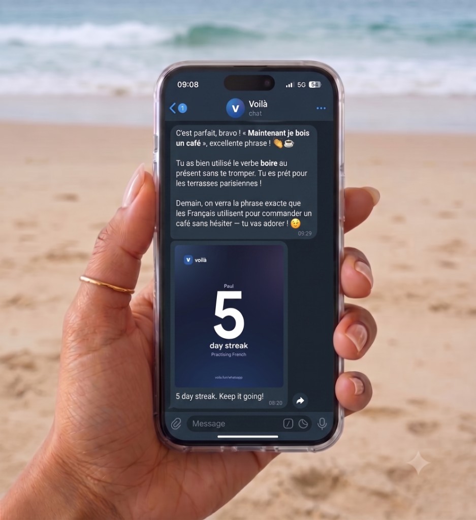 A card sent on Telegram showing a five day practice streak in French, ready to forward to friends