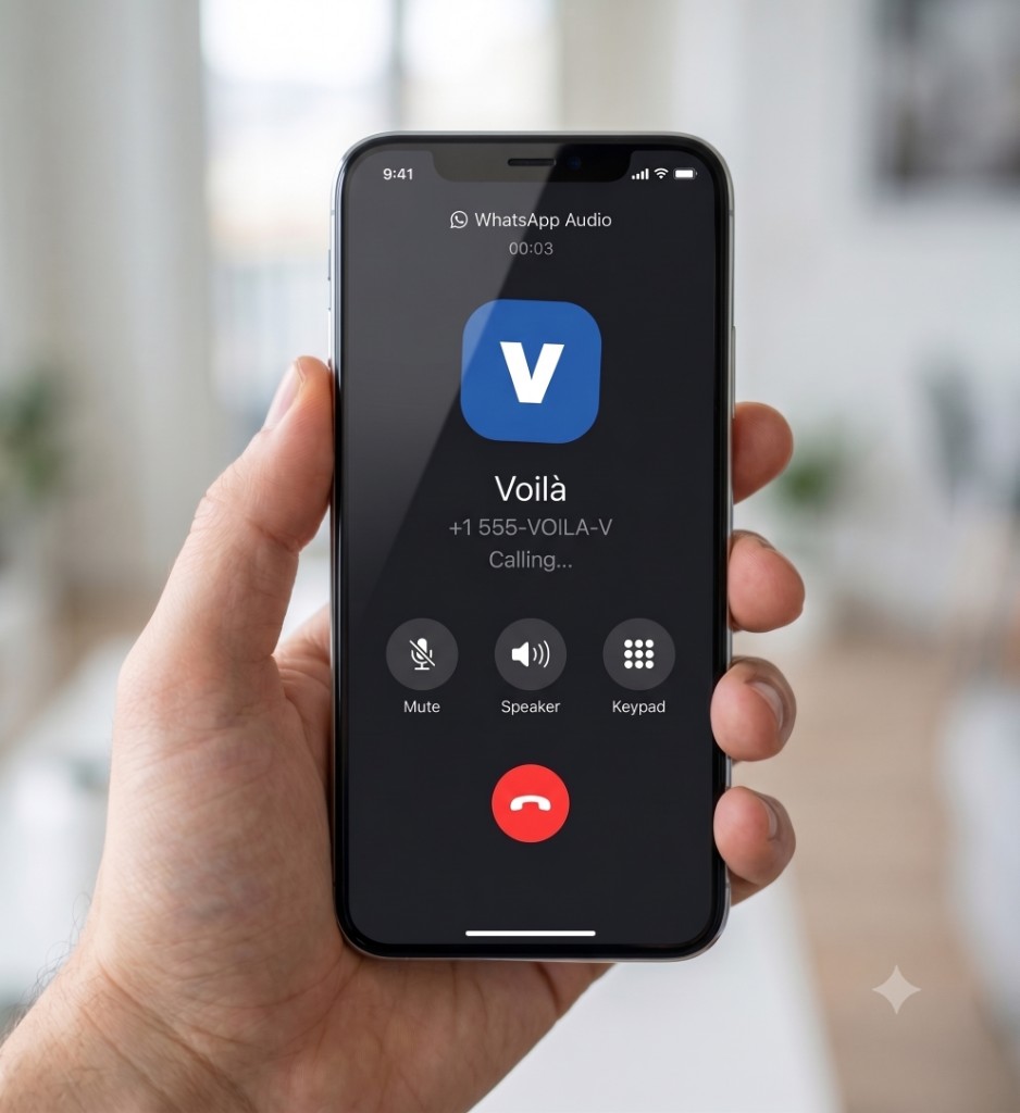 A phone showing an incoming WhatsApp audio call from Voilà