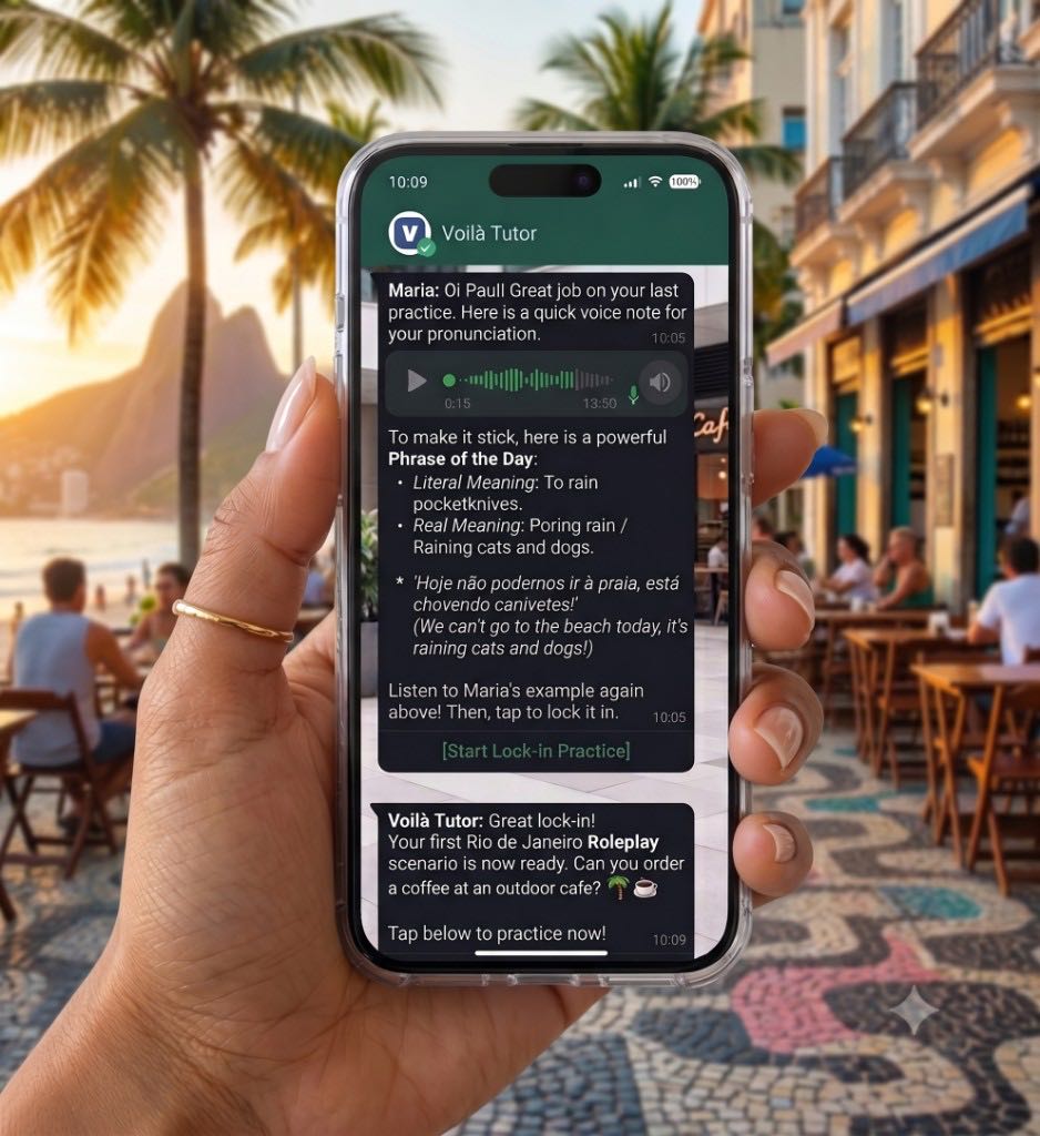 A WhatsApp conversation with the Voilà tutor: a voice note from a tutor, a phrase of the day, and a roleplay exercise ready to start